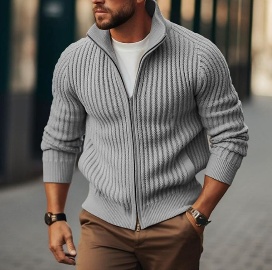 Cardigan Épais en Maille Côtelée à Col Montant Zippé Coupe Slim Homme
