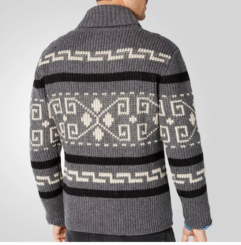 patterned cardigan with ribbed knit structure and full zip fastening