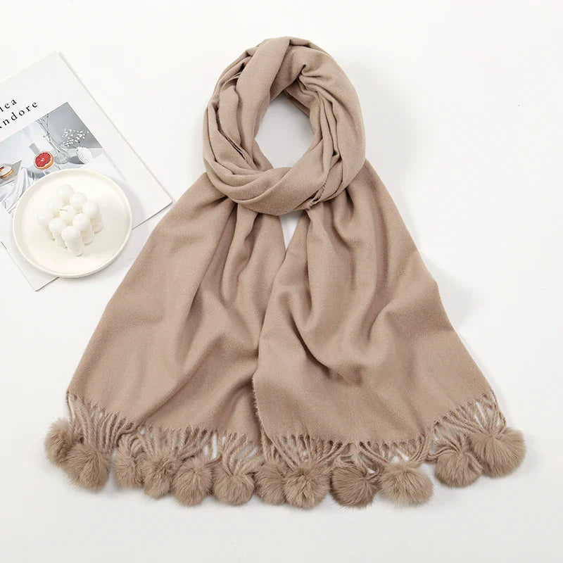 Cashmere scarf with pom pom trim oversized fit for women
