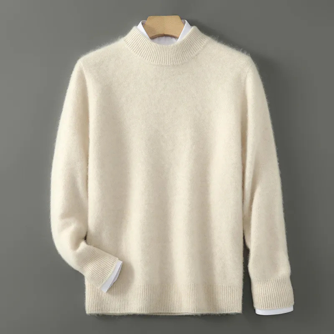 Unisex wool sweater featuring ribbed hem and traditional fit
