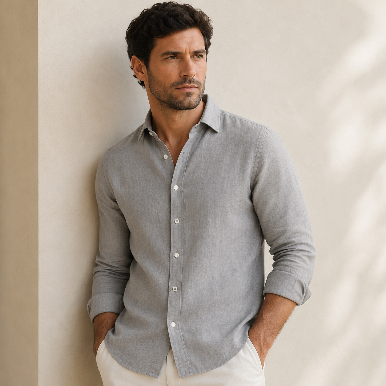 long sleeve cotton shirt showing structured fit and classic tailoring