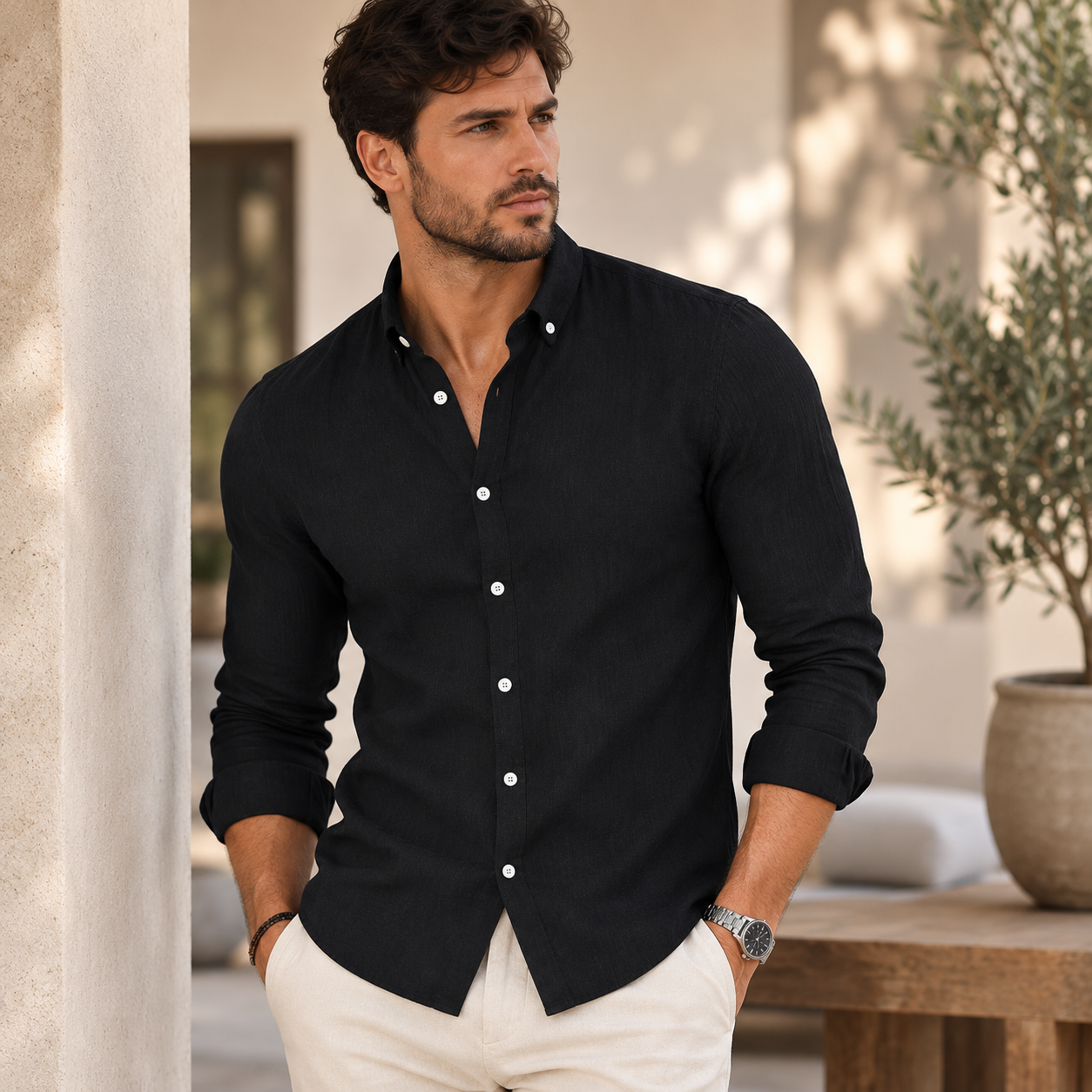 mens cotton shirt with button cuffs displayed from front angle