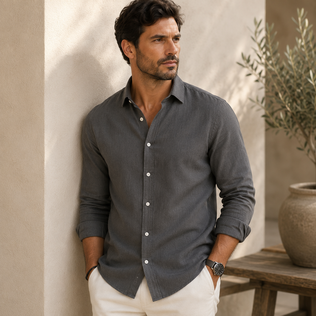mens shirt in cotton with turn down collar and front buttons
