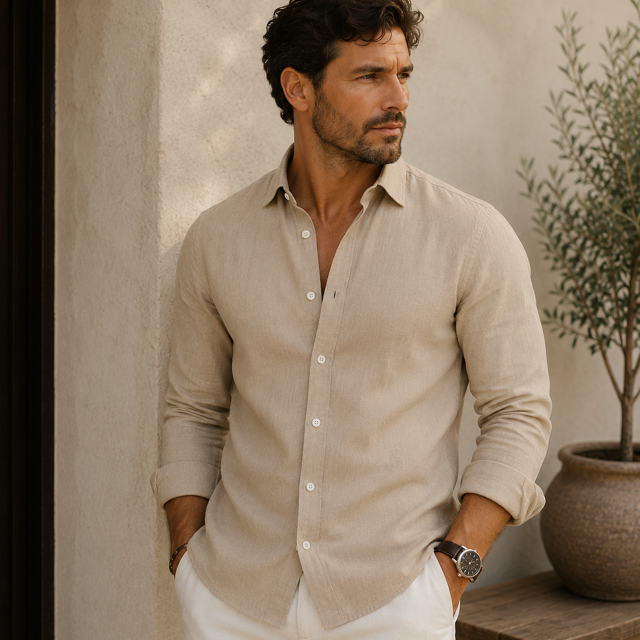 long sleeve cotton shirt with button front and tailored cut