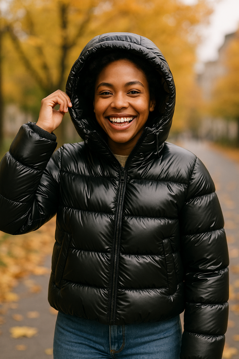 Black shiny puffer jacket hood up – Montelu women’s winter streetwear coat, glossy finish for autumn and winter.