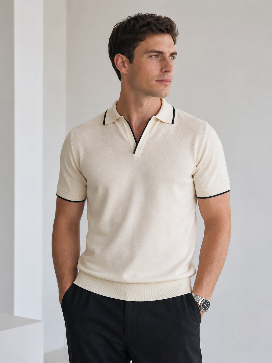 Ribbed hem detail on men's polo shirt