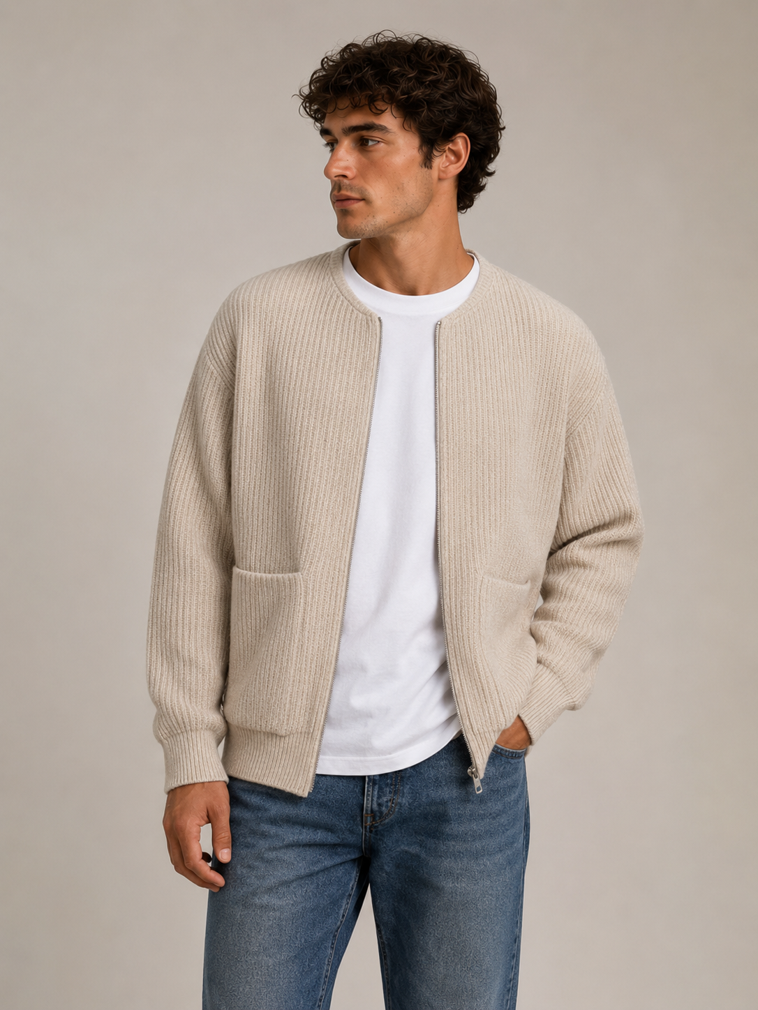 textured knit jacket with zipper closure and ribbed cuffs