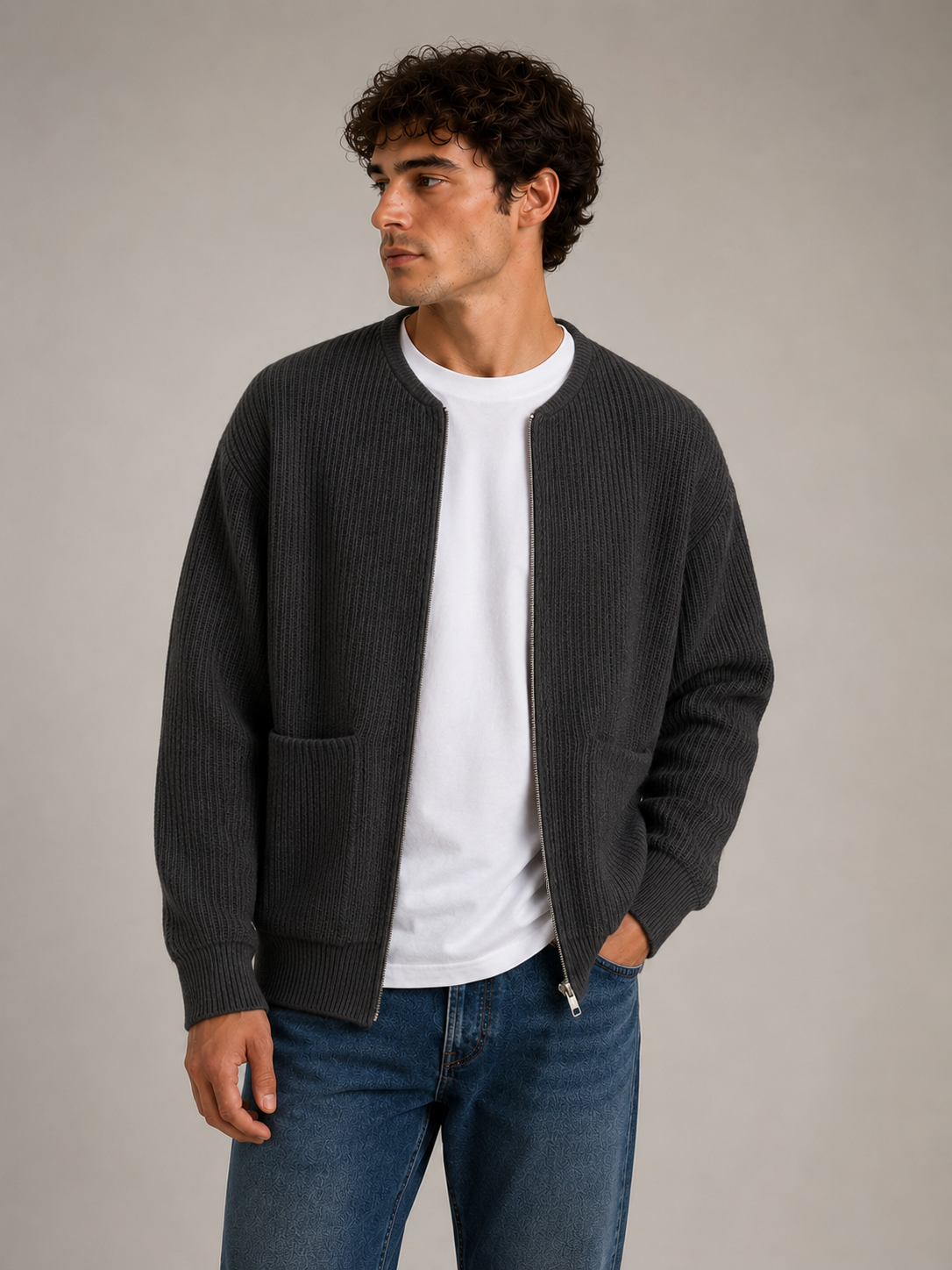 casual fit cardigan with ribbed texture and zip front closure