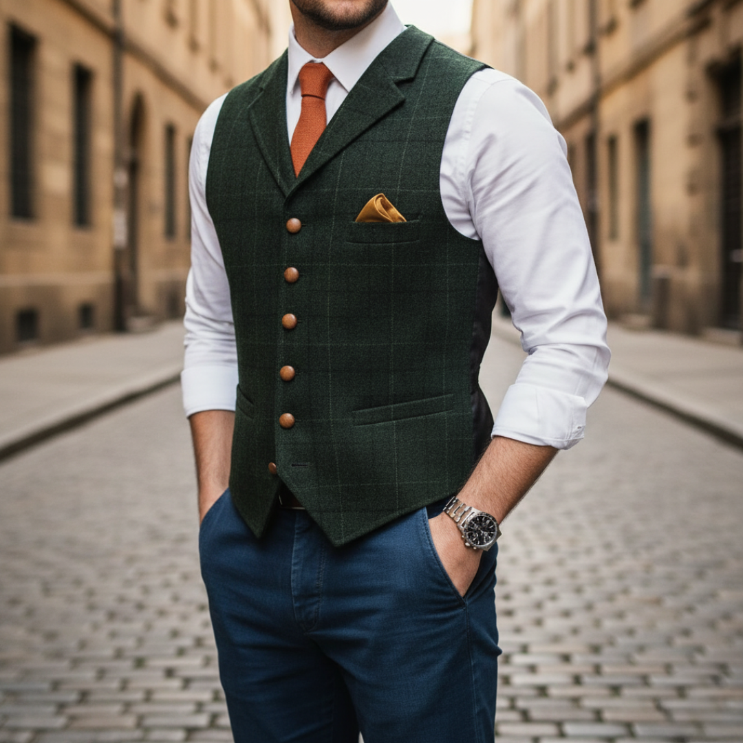 Single-breasted waistcoat with welt pockets and peak lapels
