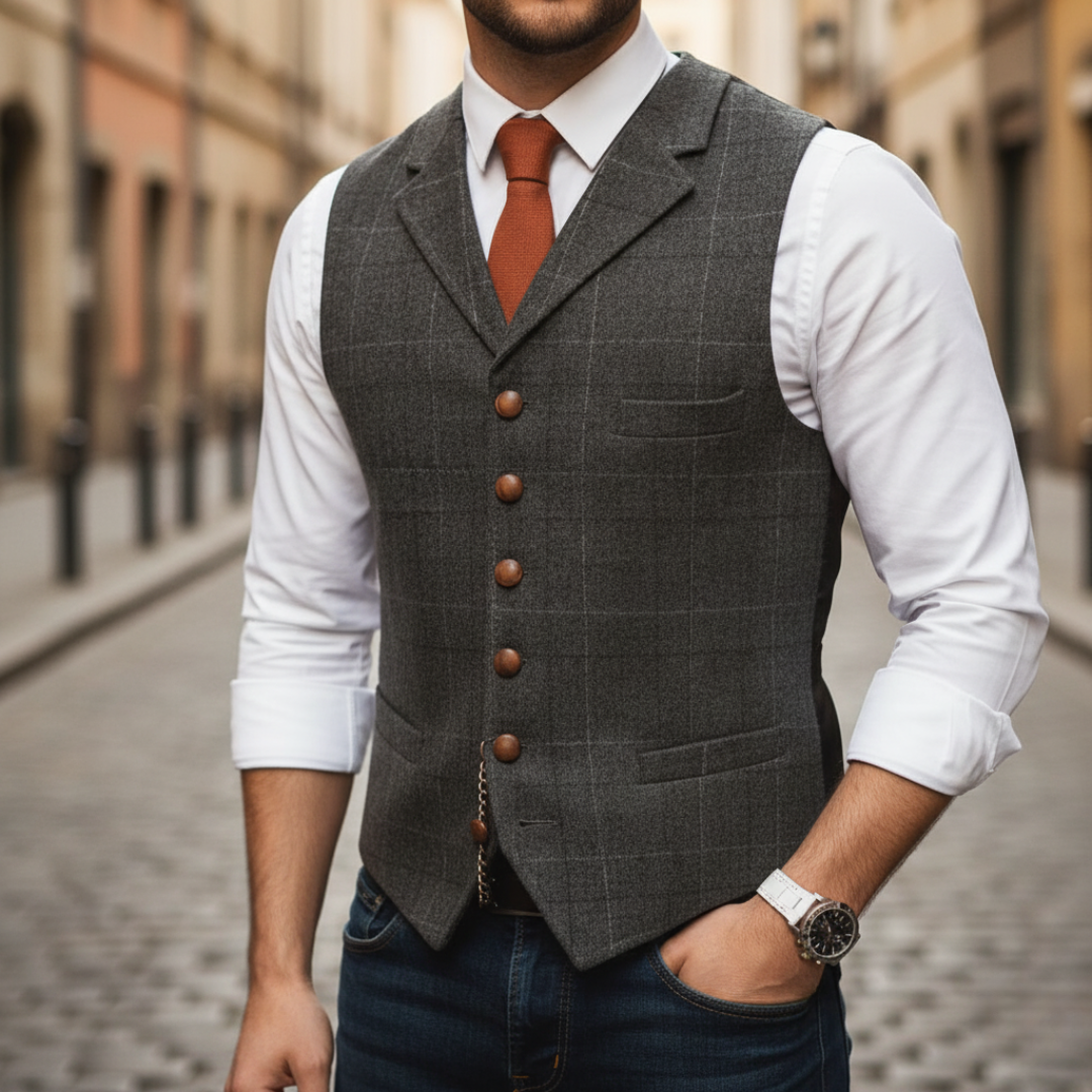 Button front fastening on tailored waistcoat with welt pocket
