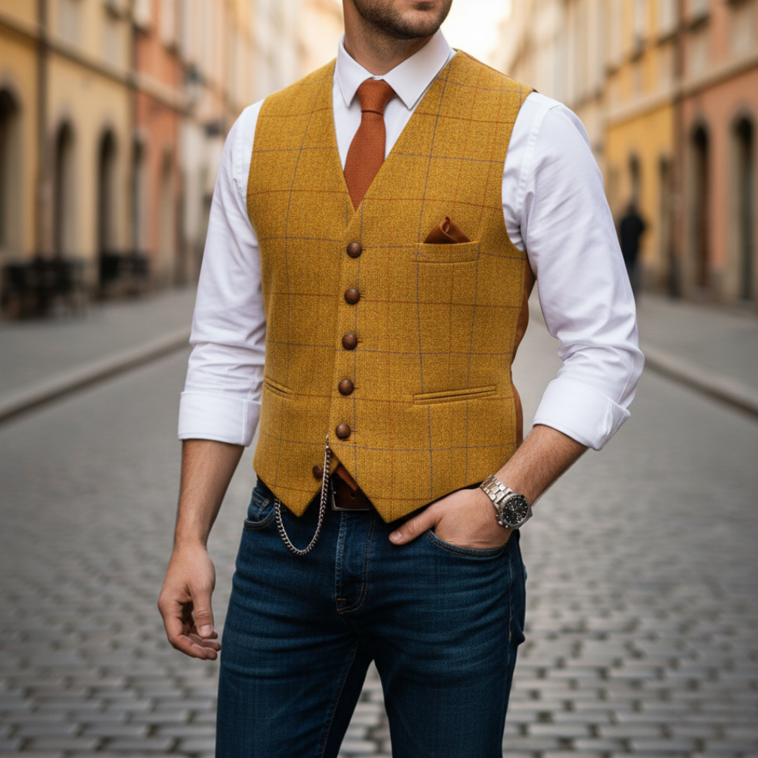 Welt pocket detail on checked wool waistcoat
