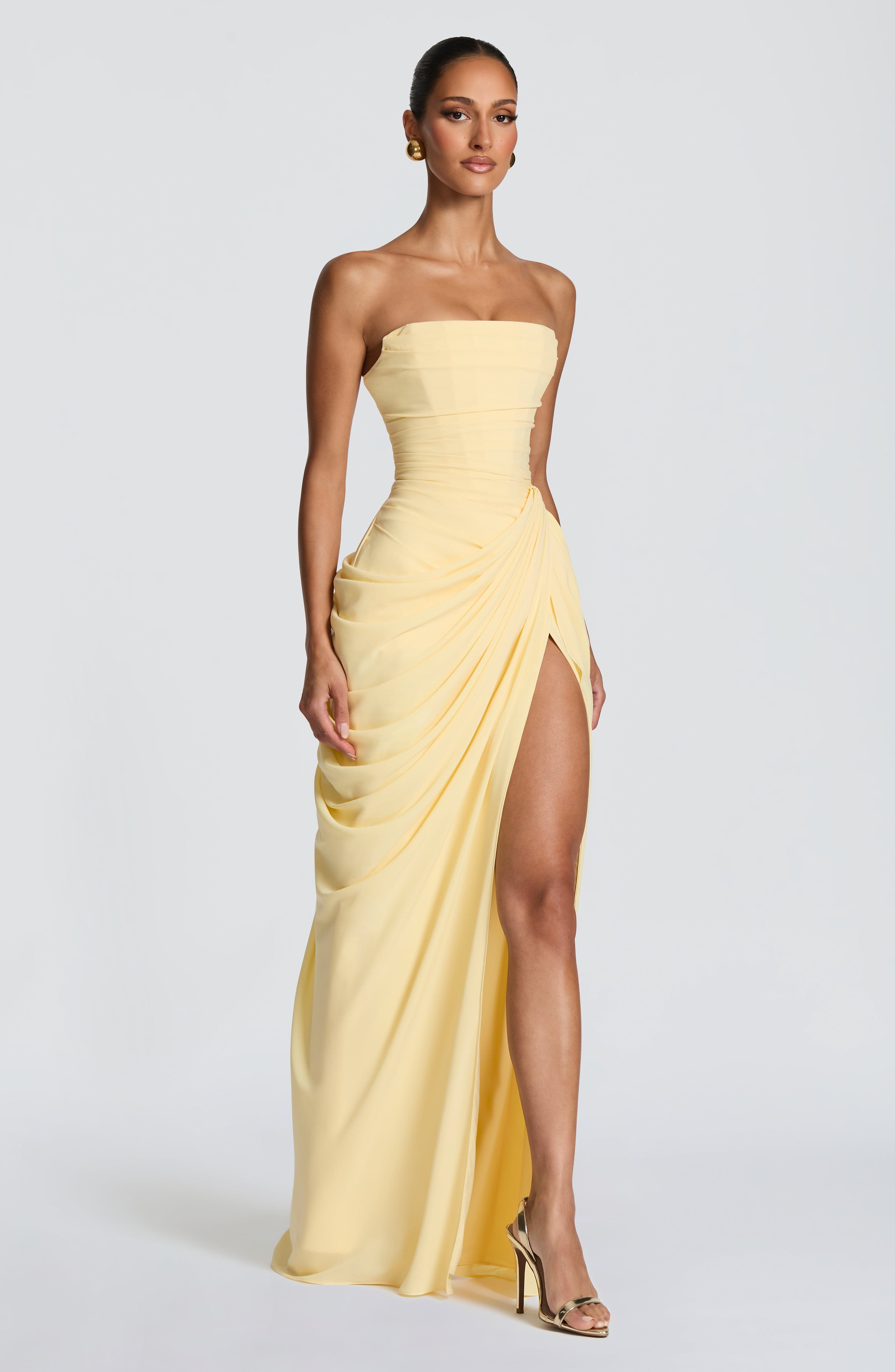 Chiffon strapless maxi dress for women shown in full-length view