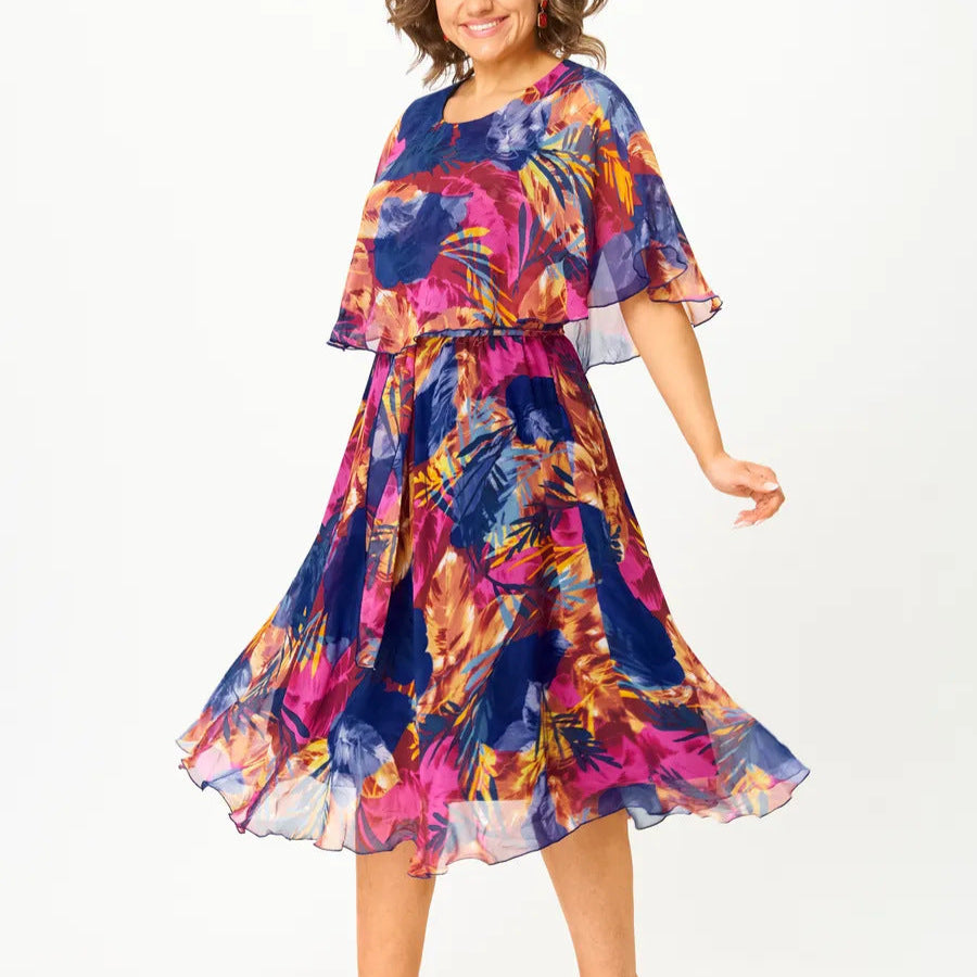 Women's plus size chiffon A-line dress with sash tie — front view