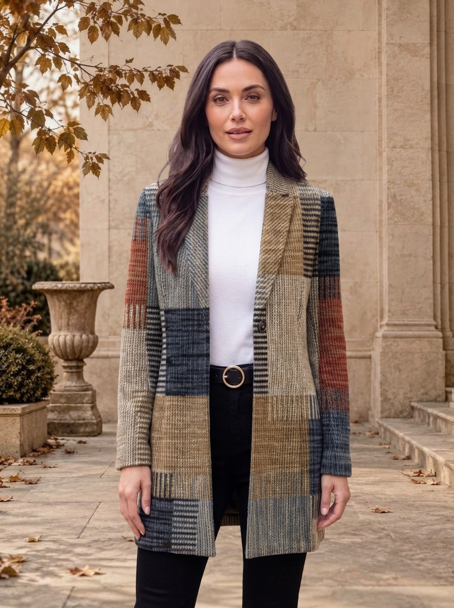 Women's checked wool blend coat for fall