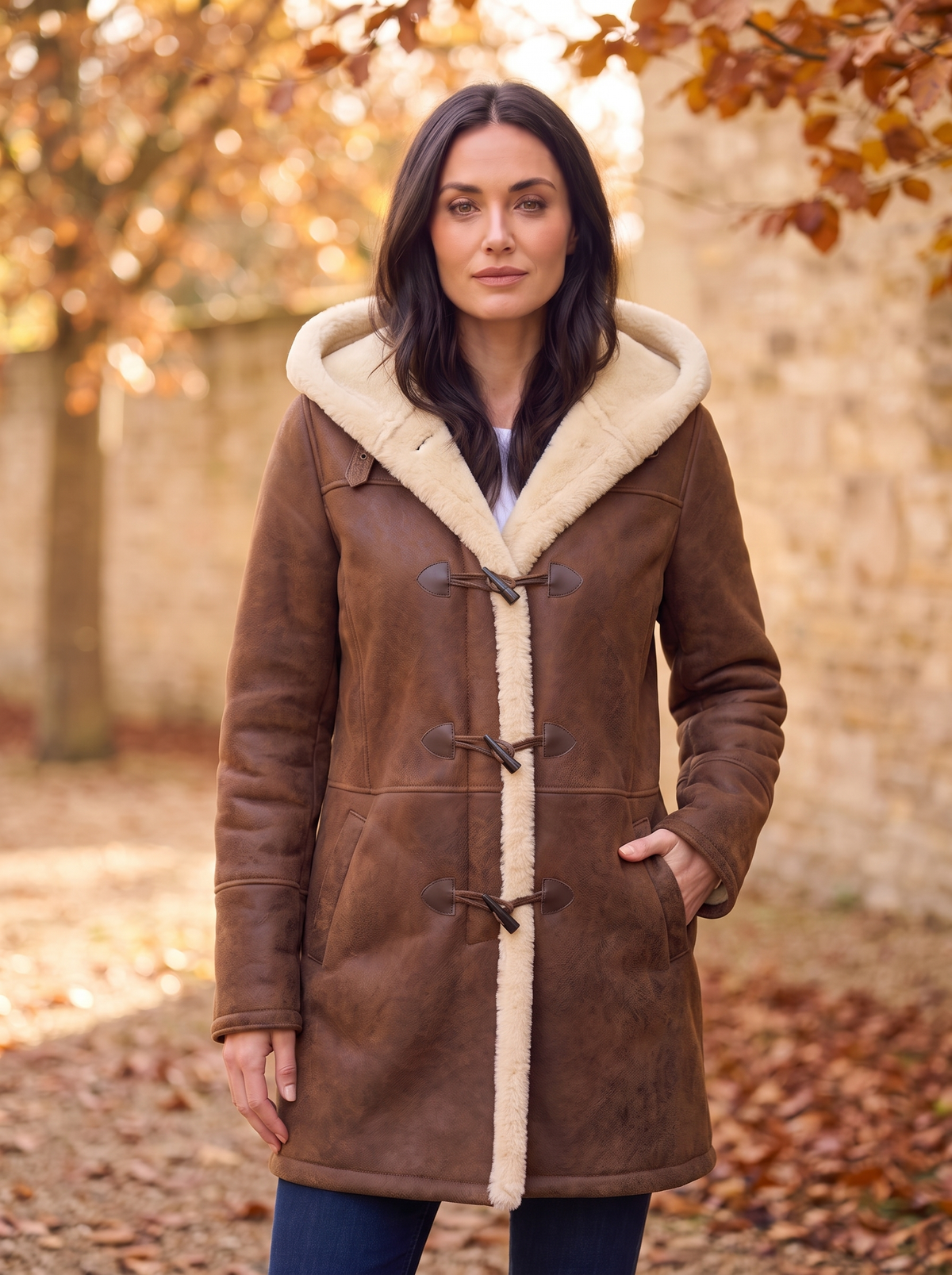 Women's shearling trim coat for fall