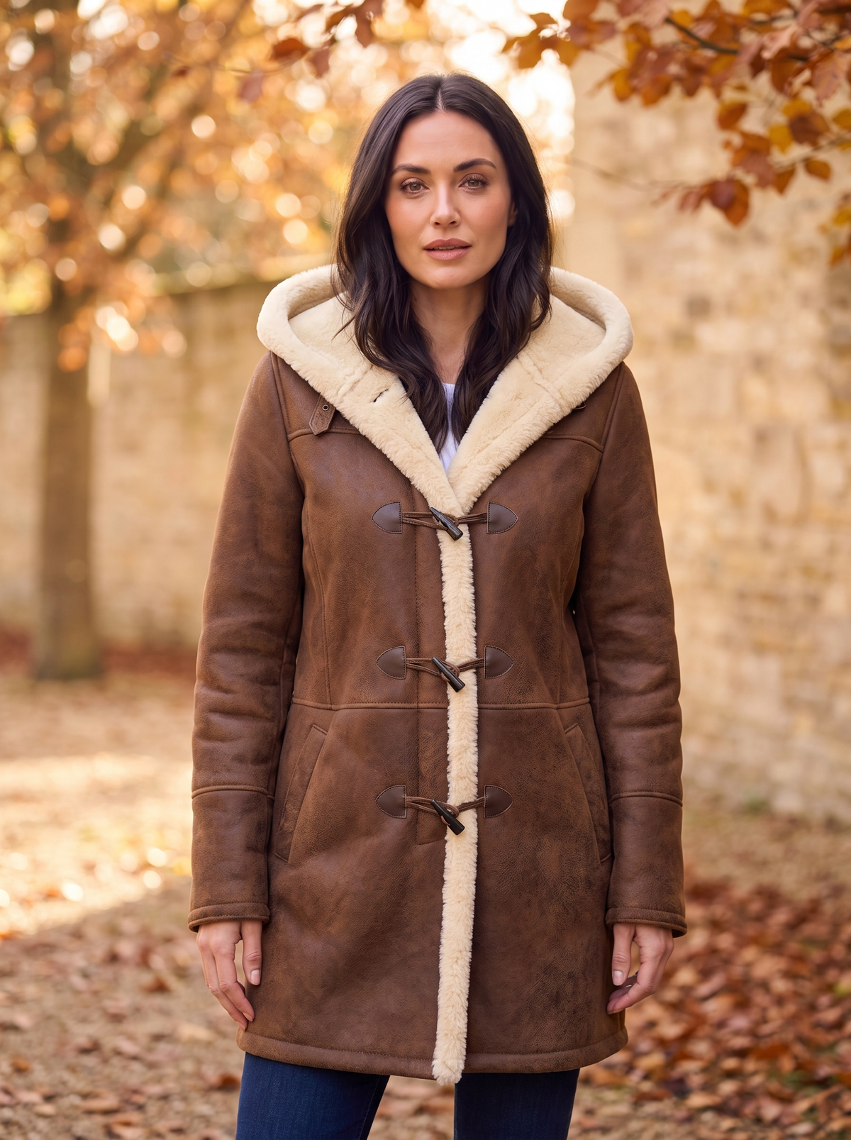Women's hooded shearling coat for fall