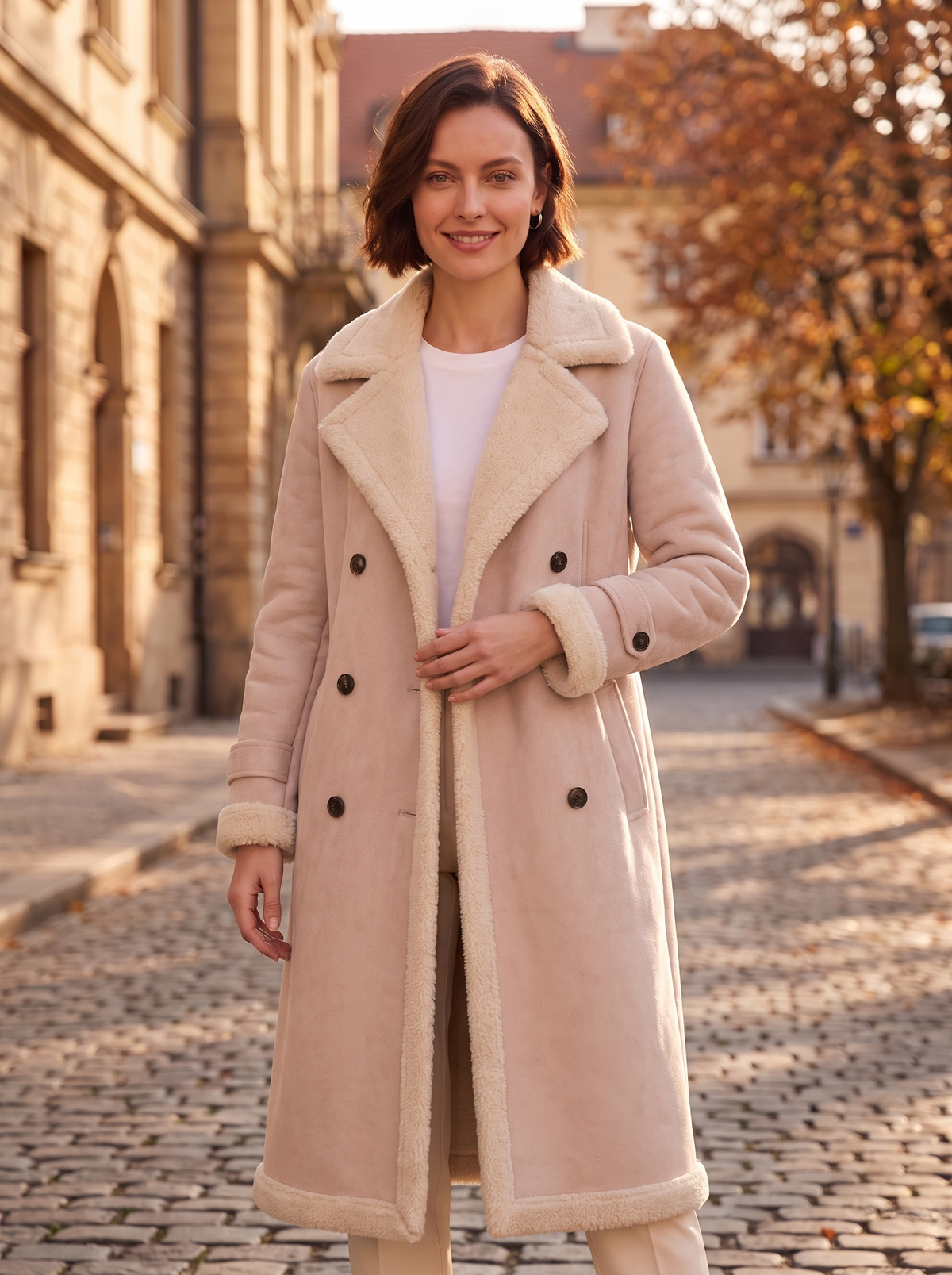 Women's double breasted coat with shearling lining
