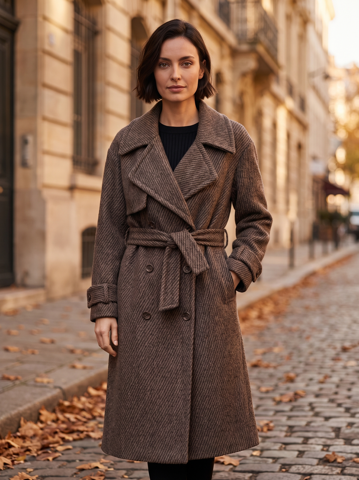 Women's belted wool coat for fall