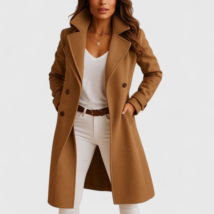 Fitted cotton blend coat with tailored construction for women
