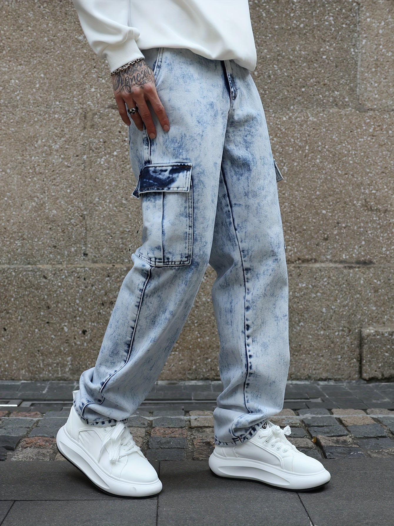 Utility cargo trousers in denim fabric with straight leg cut

