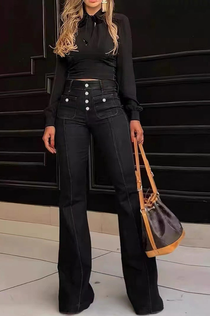 Women's cotton jeans with slim waist and flared hem for versatile wear
