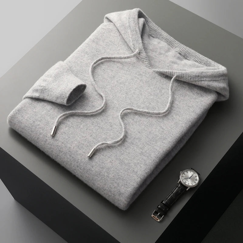 Casual wool hoodie front view with hood detail for men
