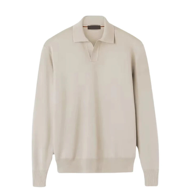 Long-sleeve cotton polo for men in relaxed cut, side perspective
