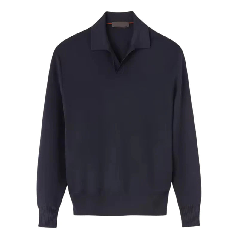 Men's long-sleeved cotton polo displayed at side angle
