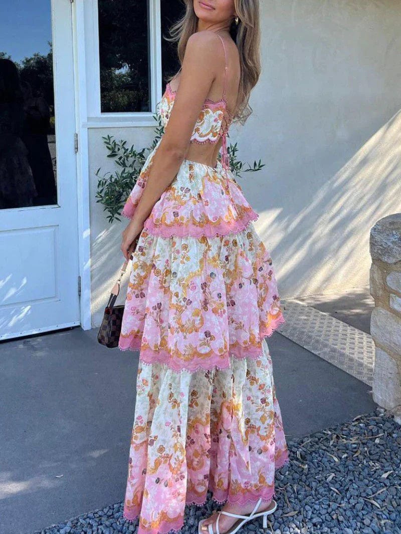 Women's lace detail maxi dress with flowing silhouette and back tie closure – front view