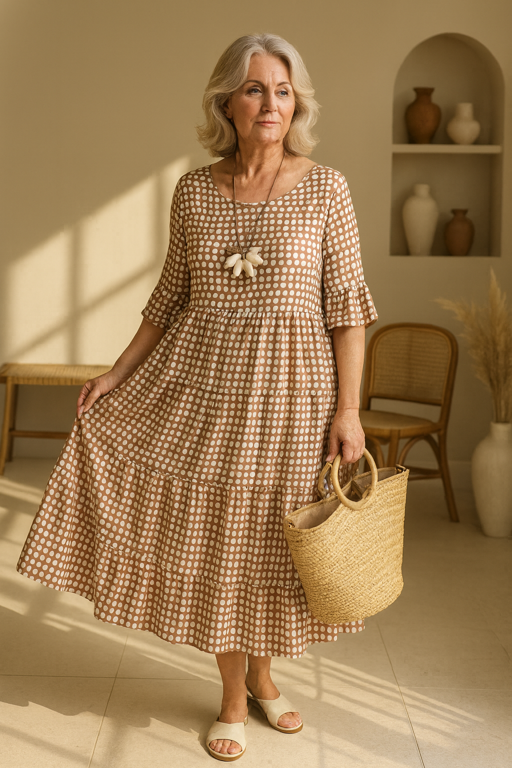 Women's brown short sleeve midi dress with relaxed fit and rounded neckline