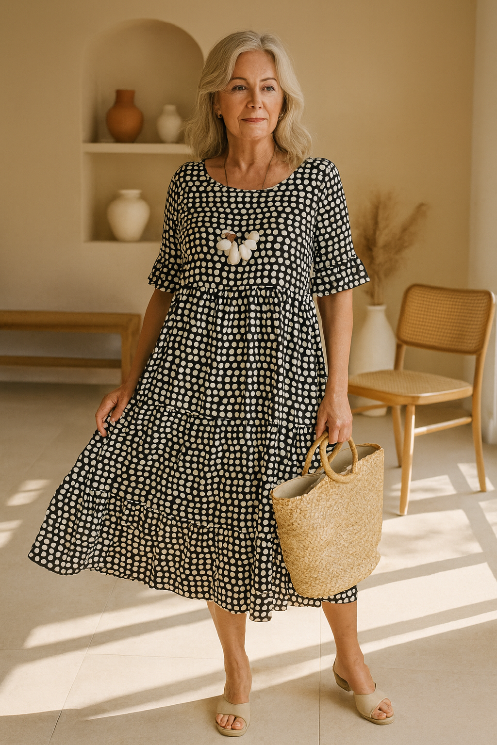 Women's short sleeve relaxed fit midi dress with rounded neckline