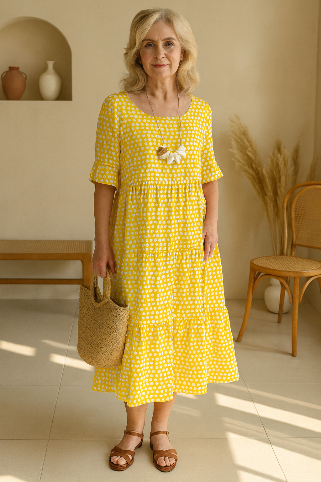 Women's relaxed fit midi dress with short sleeves and rounded neckline