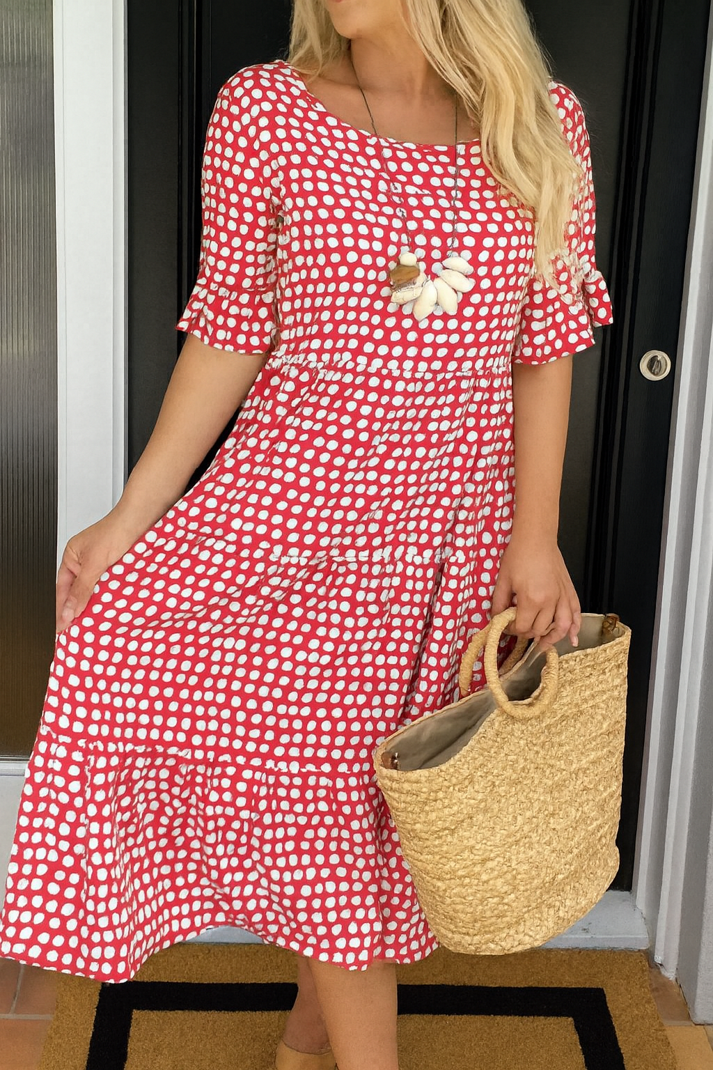 Women's red short sleeve midi dress in a relaxed fit, midi length