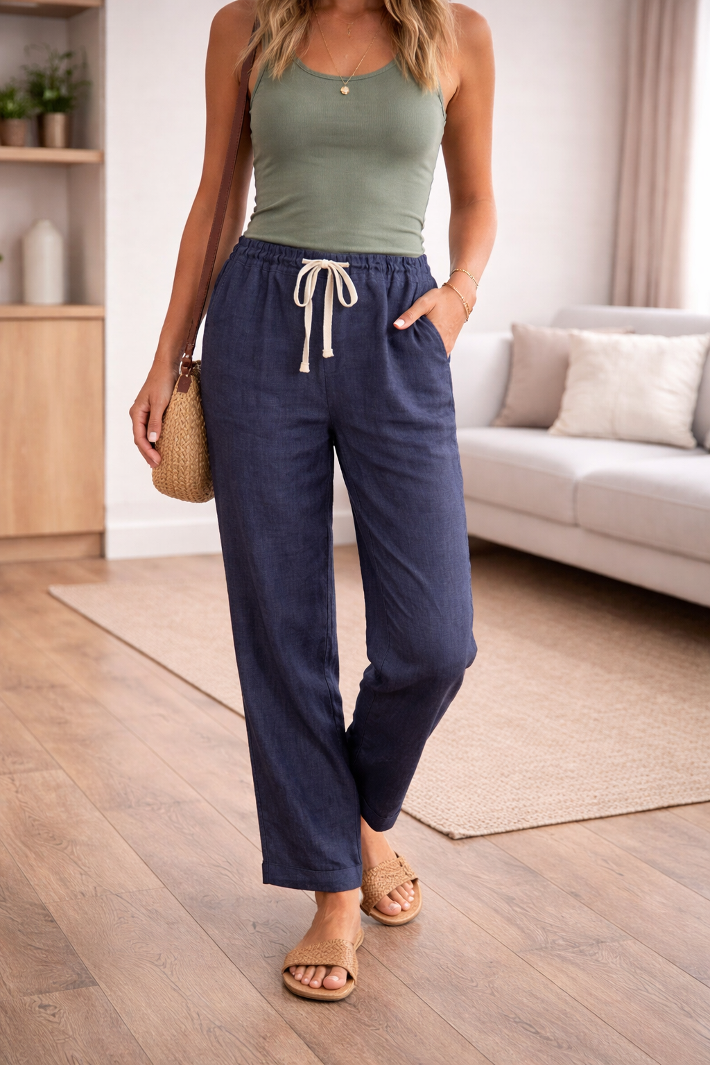 Casual cotton trousers with a drawstring waist