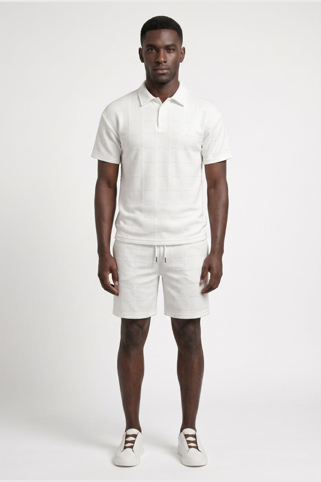Men's white polo shirt and shorts two-piece set with short sleeves and button fastening, regular fit