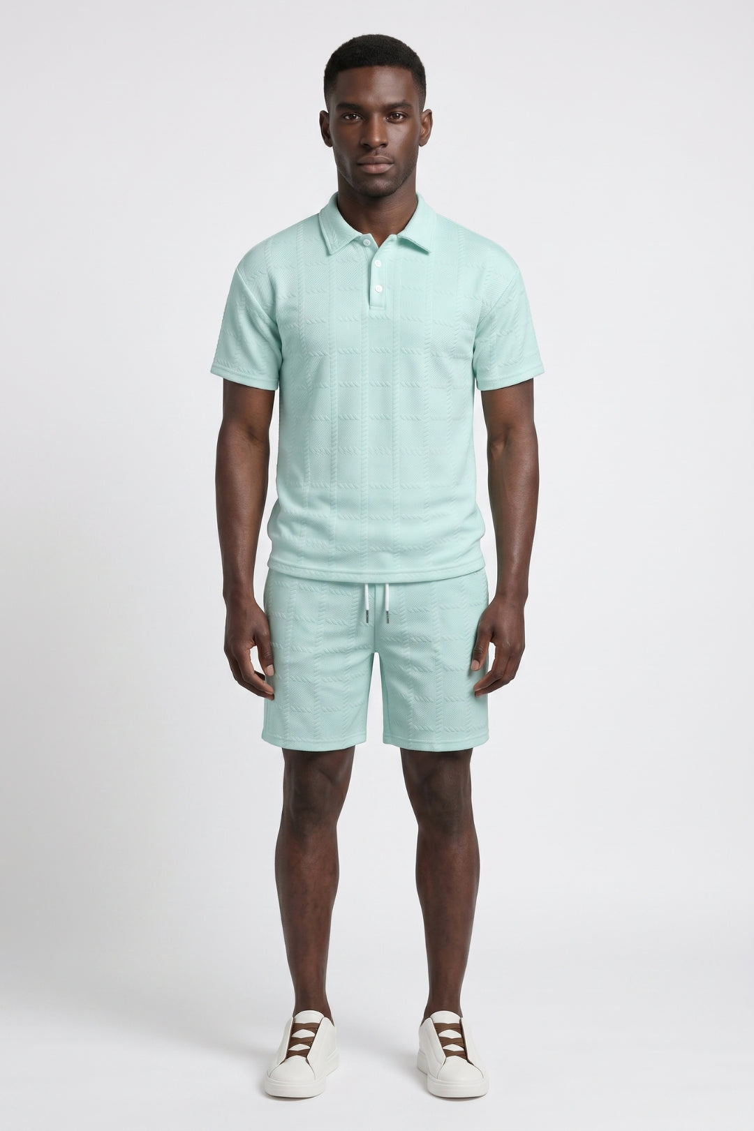Men's mint green polo shirt and matching shorts two-piece set, short sleeve regular fit summer outfit