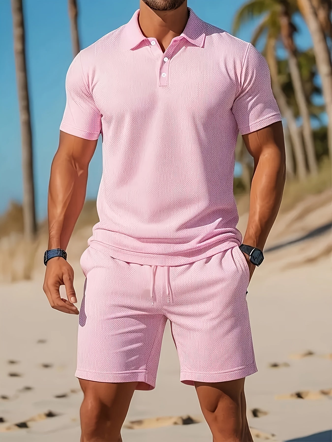 Men's casual summer outfit featuring a plain polo shirt and elastic waist shorts