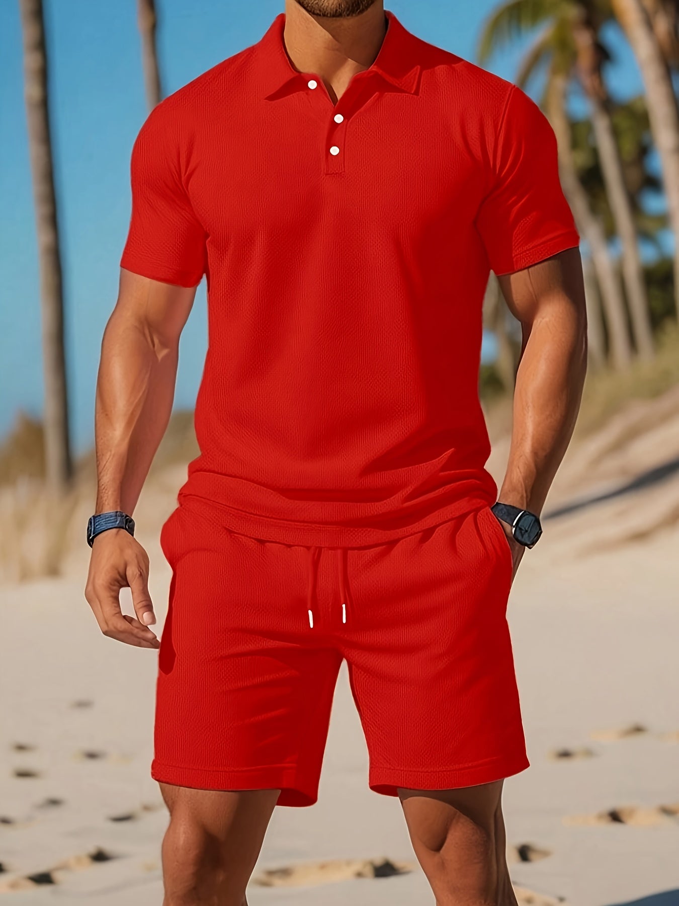 Men's coordinated outfit with a short sleeve polo and lightweight shorts