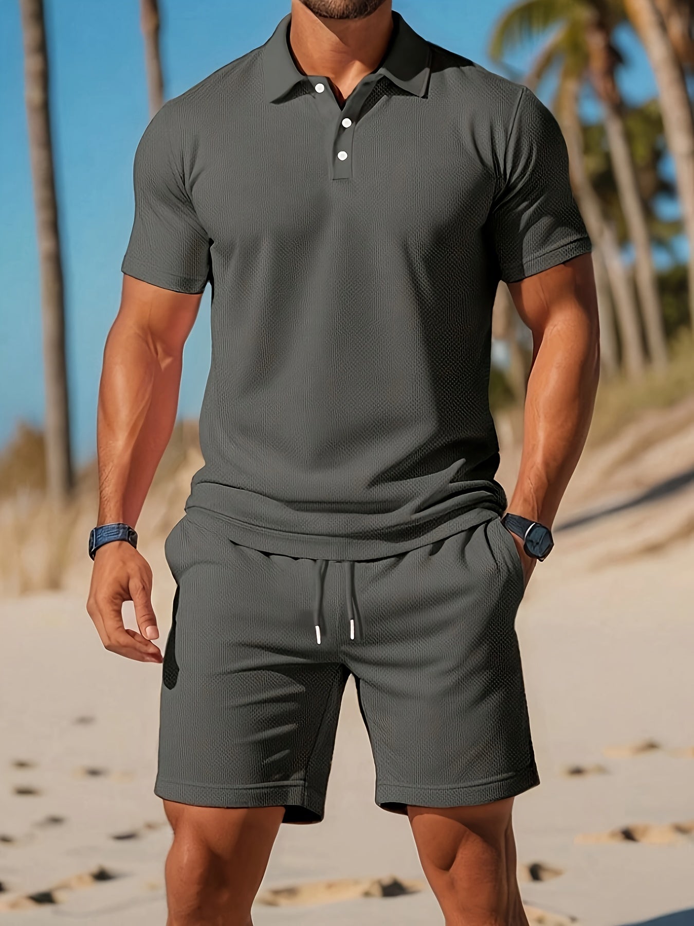 Men's two-piece casual outfit featuring a polo shirt and elastic waist shorts for summer wear