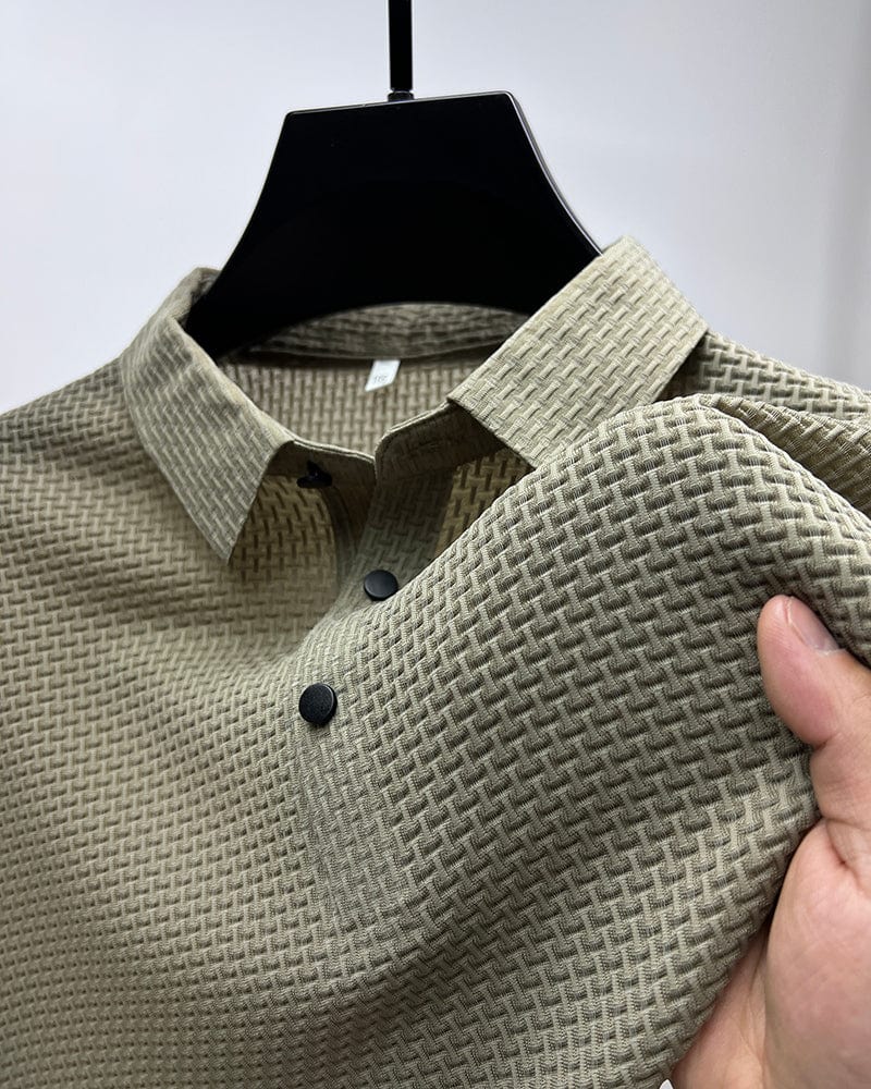 Men's slim fit polo shirt in beige with button collar and long sleeve