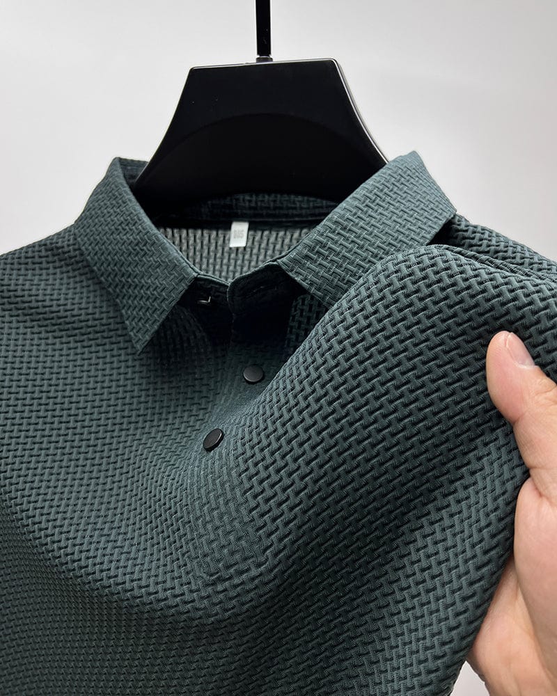 Men's slim fit polo shirt in deep grey with button collar and long sleeves