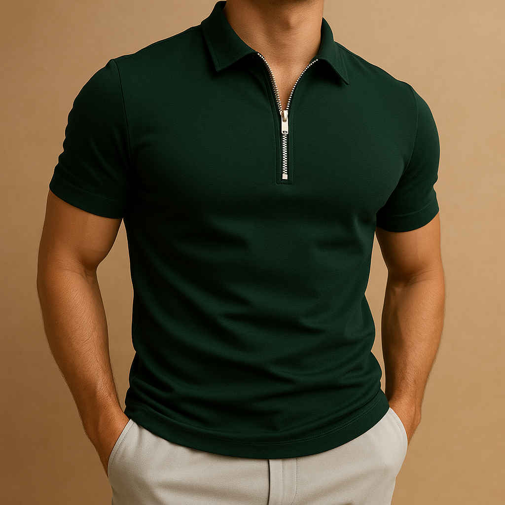 Men's slim fit dark green polo shirt with zipper closure and polo collar