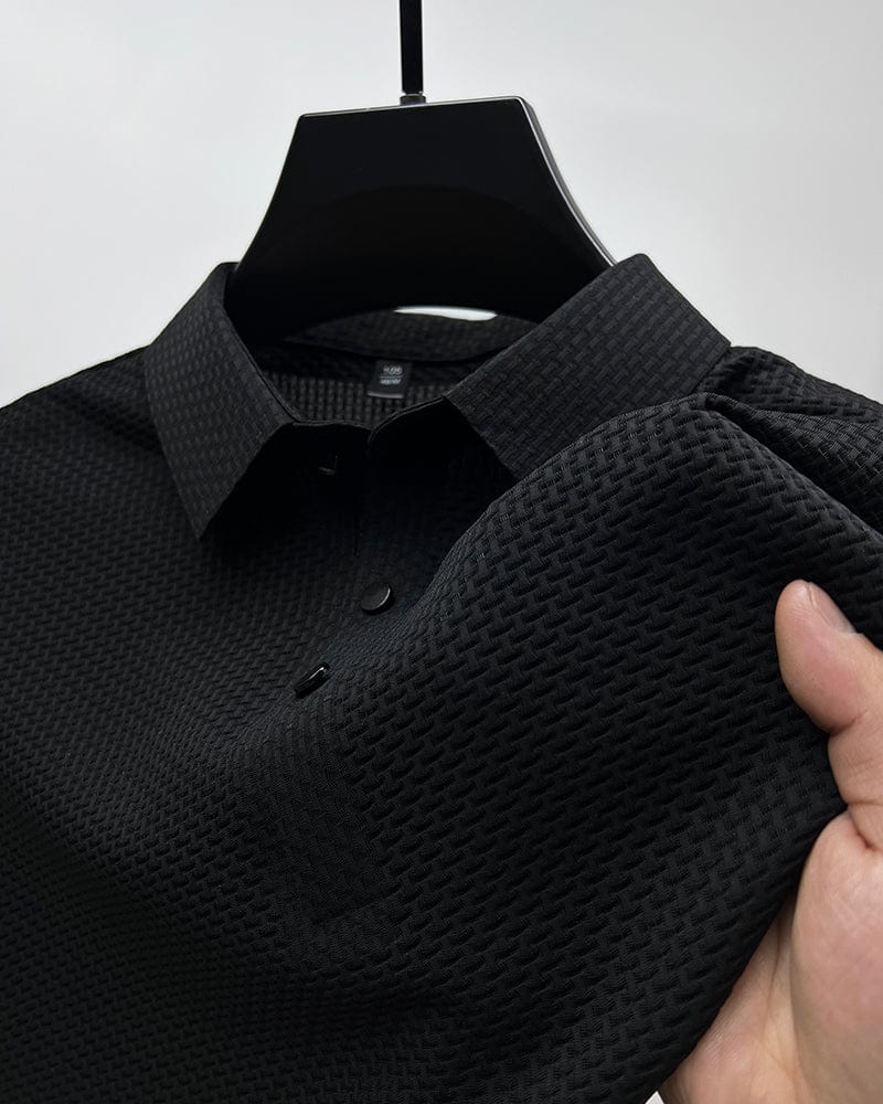 Men's slim fit polo shirt in black with button collar and long sleeves