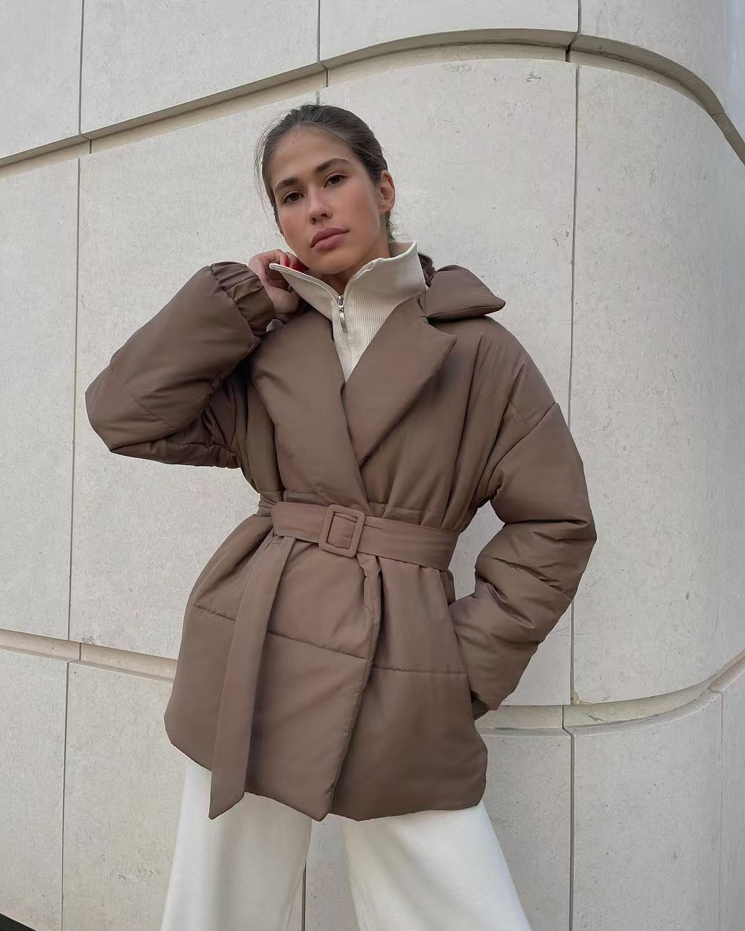 Cotton puffer jacket with quilted panels and fitted silhouette for women
