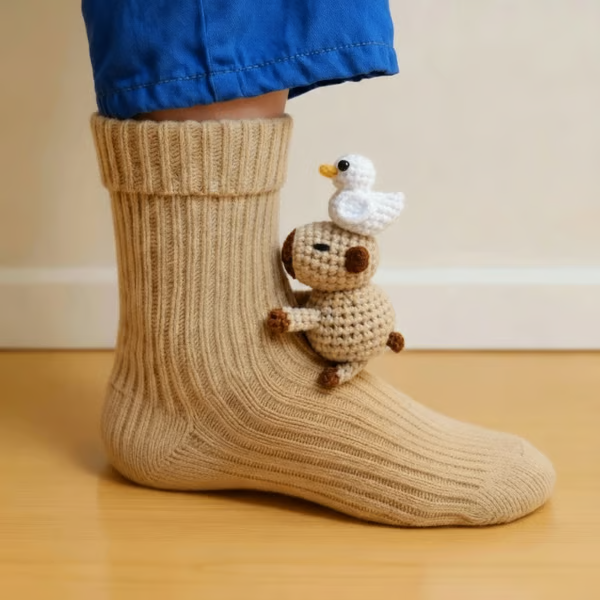 Breathable cotton socks with sculptural animal character for women's footwear

