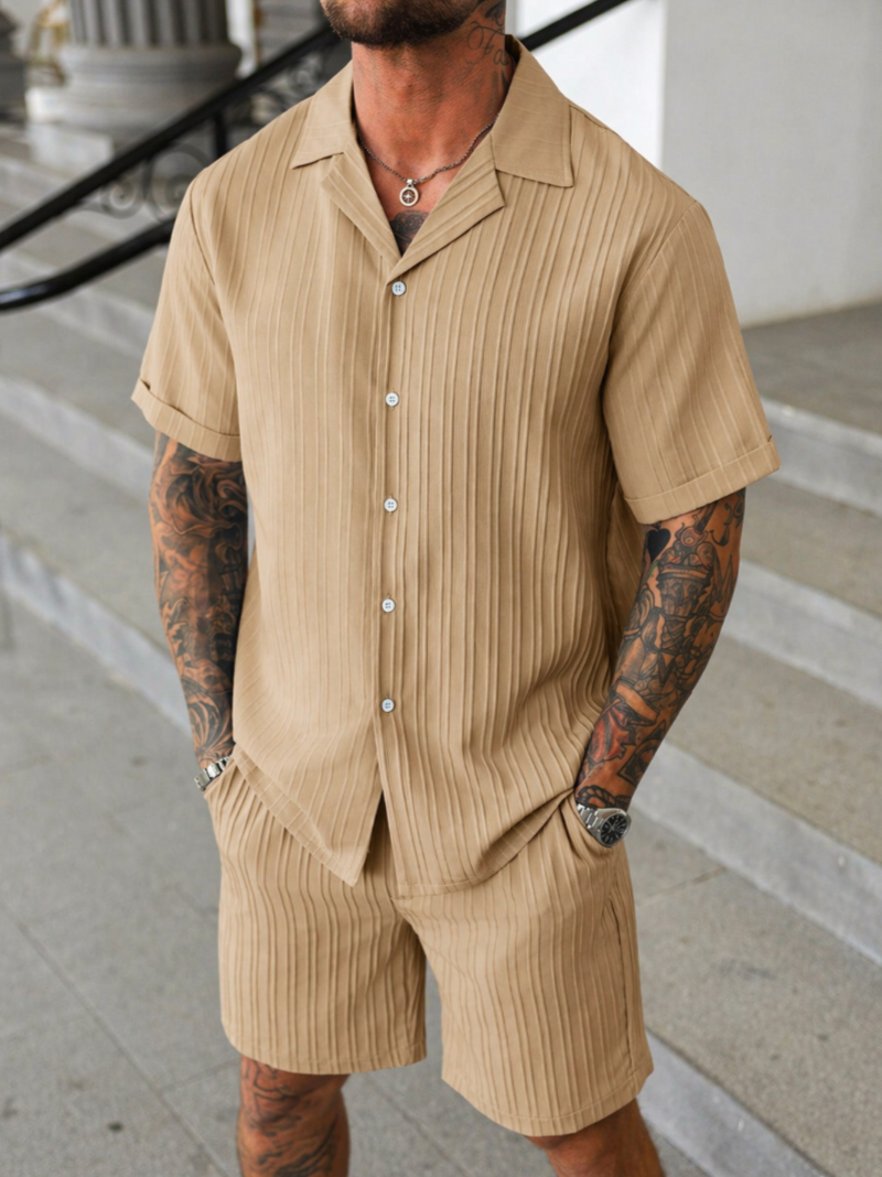 Men's khaki two-piece summer set with button-up short sleeve shirt and matching shorts – front view