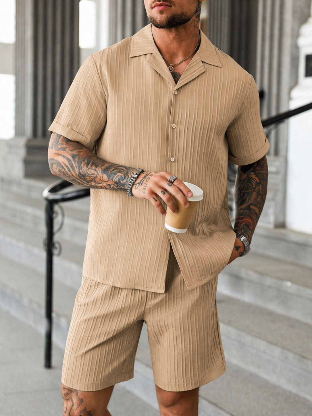 Men's relaxed fit khaki shirt and shorts set – side or alternate angle view showing full outfit