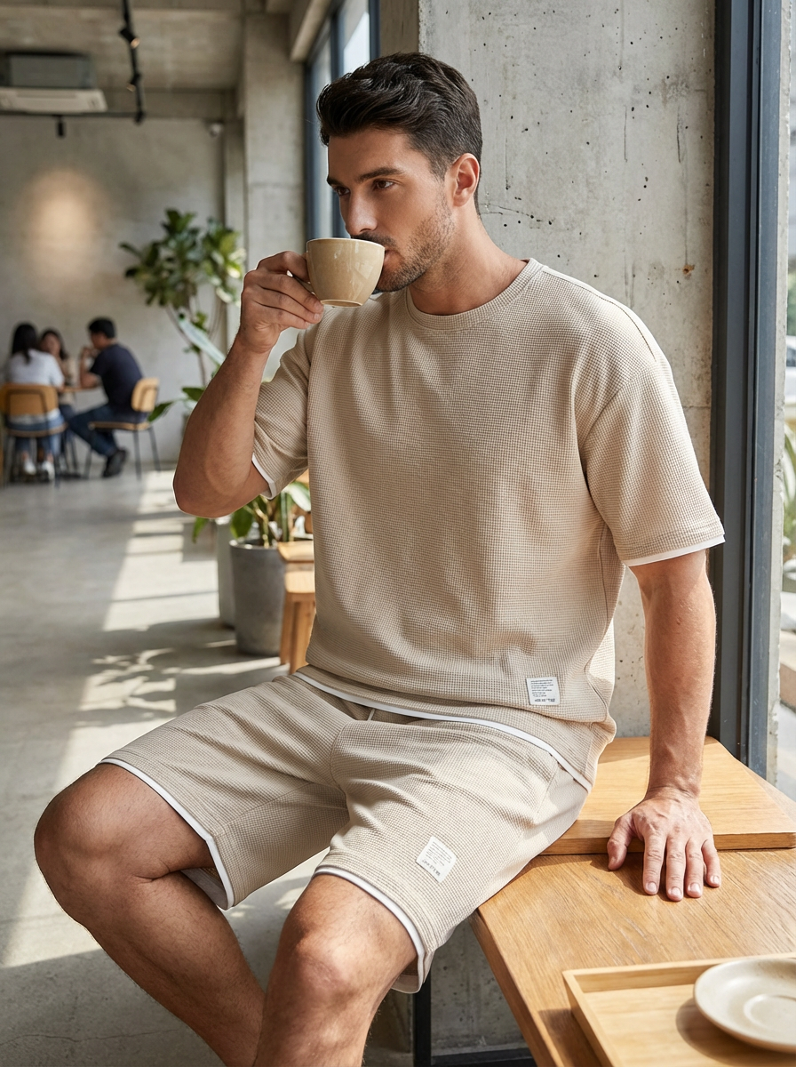 Men's slim fit short-sleeve T-shirt and shorts set in beige for casual summer wear