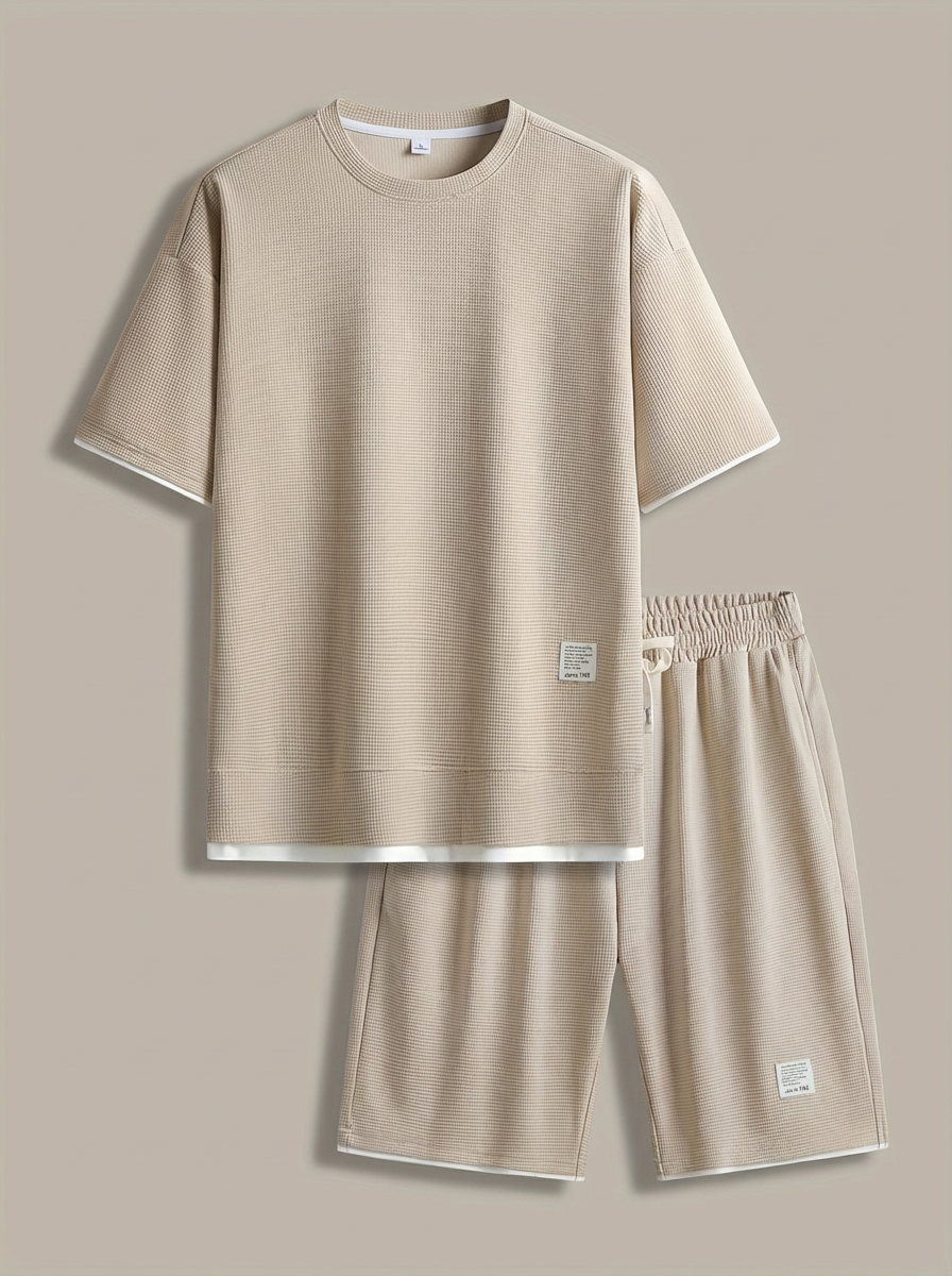 Men's slim fit two-piece set in beige with short-sleeve T-shirt and matching shorts
