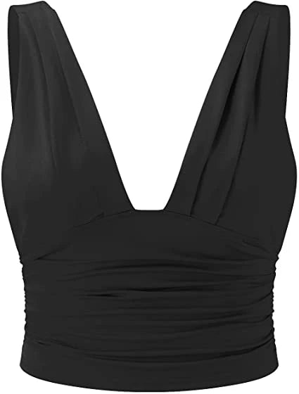 Women's black sleeveless V-neck top — back or side view, relaxed fit